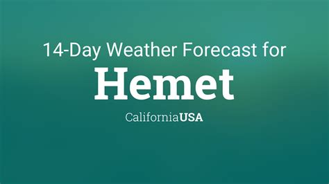 Forecast hemet ca - The minimum value of the daily temperature is expected at around +50°F, the maximum is expected at around +63°F. At night the minimum temperature will be +39°F and the maximum +52°F. Detailed ⚡ Weather Forecast in Hemet, CA for 10 days – 🌡️ Air Temperature, RealFeel, Wind, Precipitation, Atmospheric Pressure in Hemet, California ...